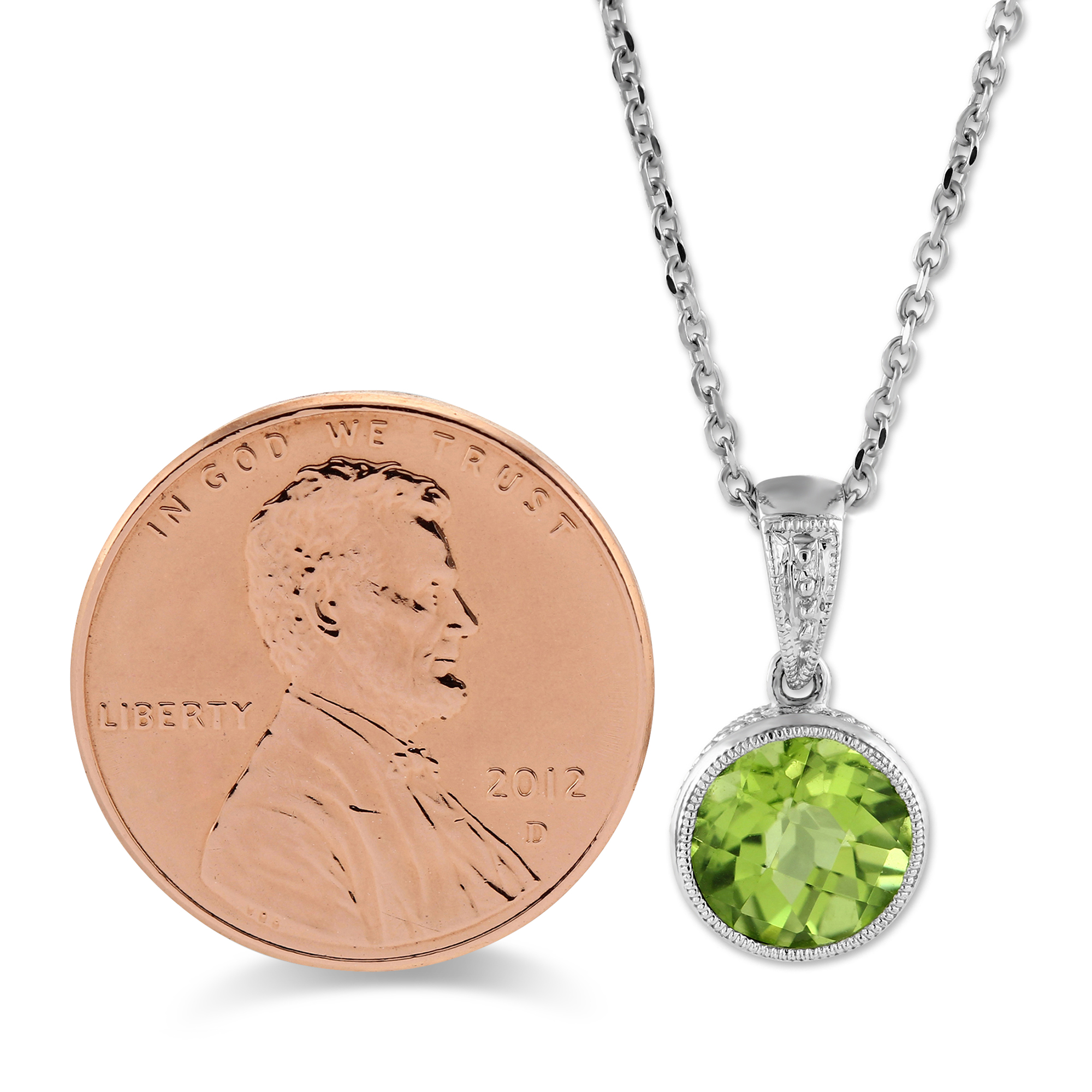 Round Checkerboard Peridot Bezel Set Pendant in White Gold, 18