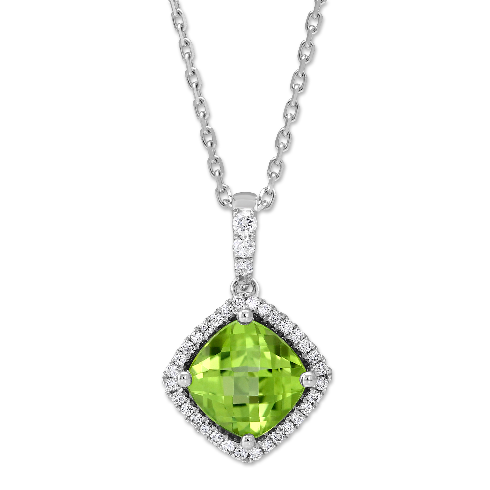 Cushion Checkerboard Peridot & Diamond Pendant in White Gold, 18