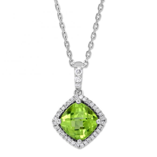 Cushion Checkerboard Peridot & Diamond Pendant in White Gold, 18"