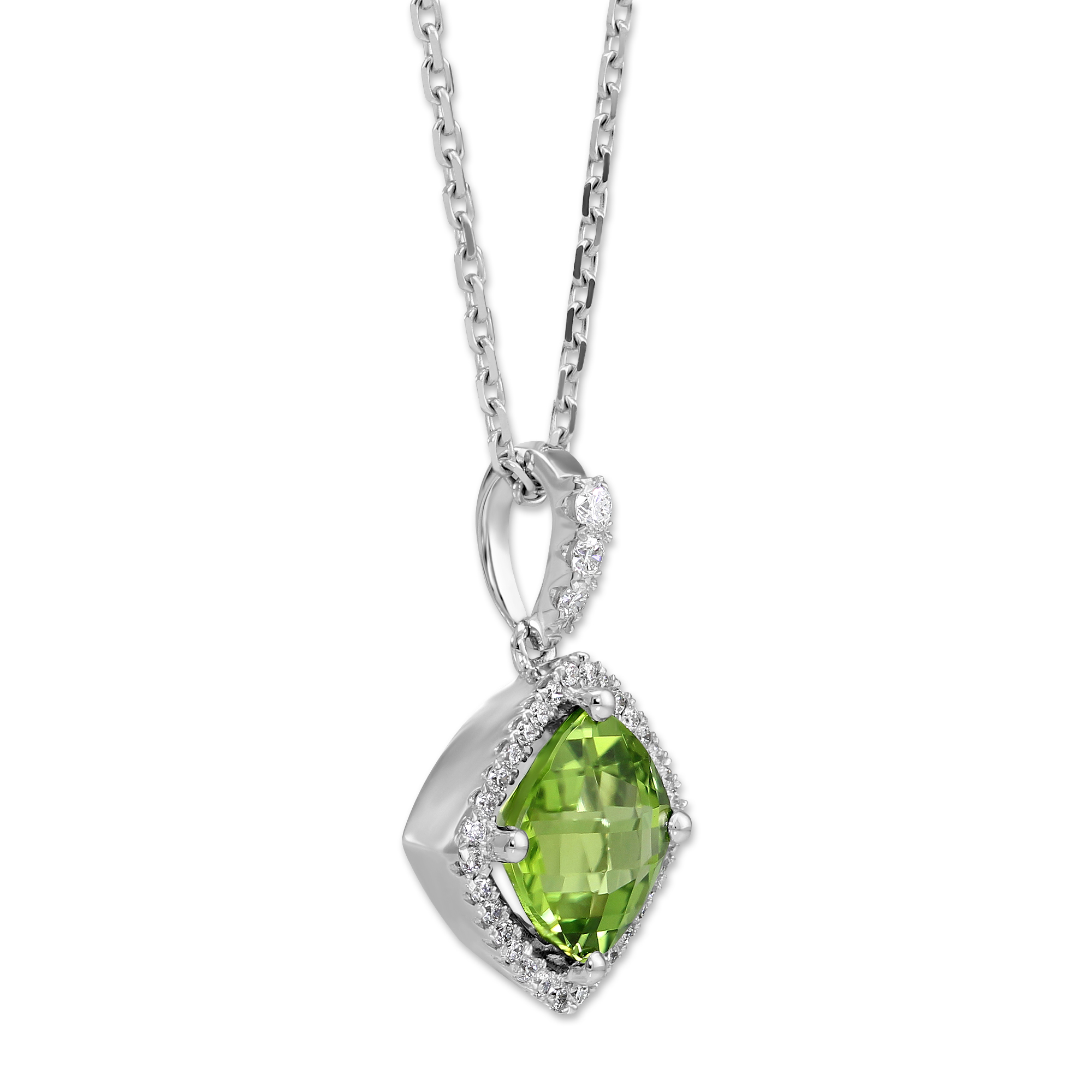 Cushion Checkerboard Peridot & Diamond Pendant in White Gold, 18