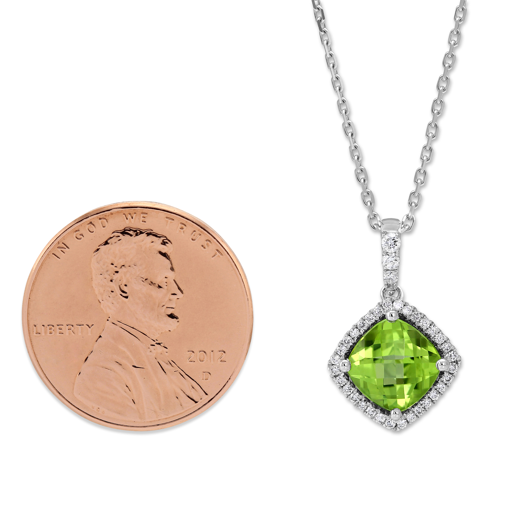 Cushion Checkerboard Peridot & Diamond Pendant in White Gold, 18