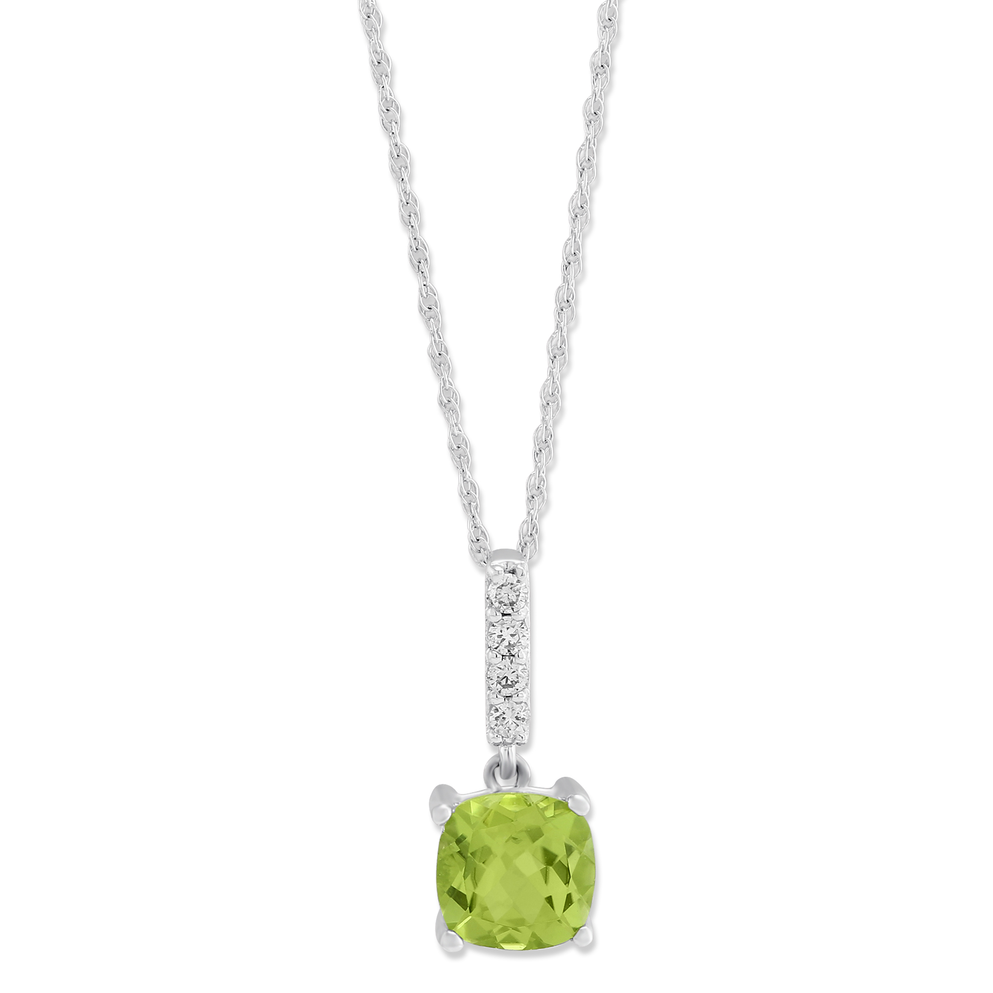 14K White Gold Cushion Peridot & Diamond Pendant, 18