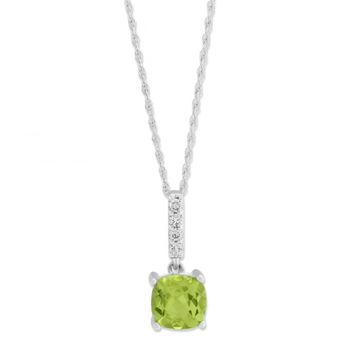 14K White Gold Cushion Peridot & Diamond Pendant, 18"