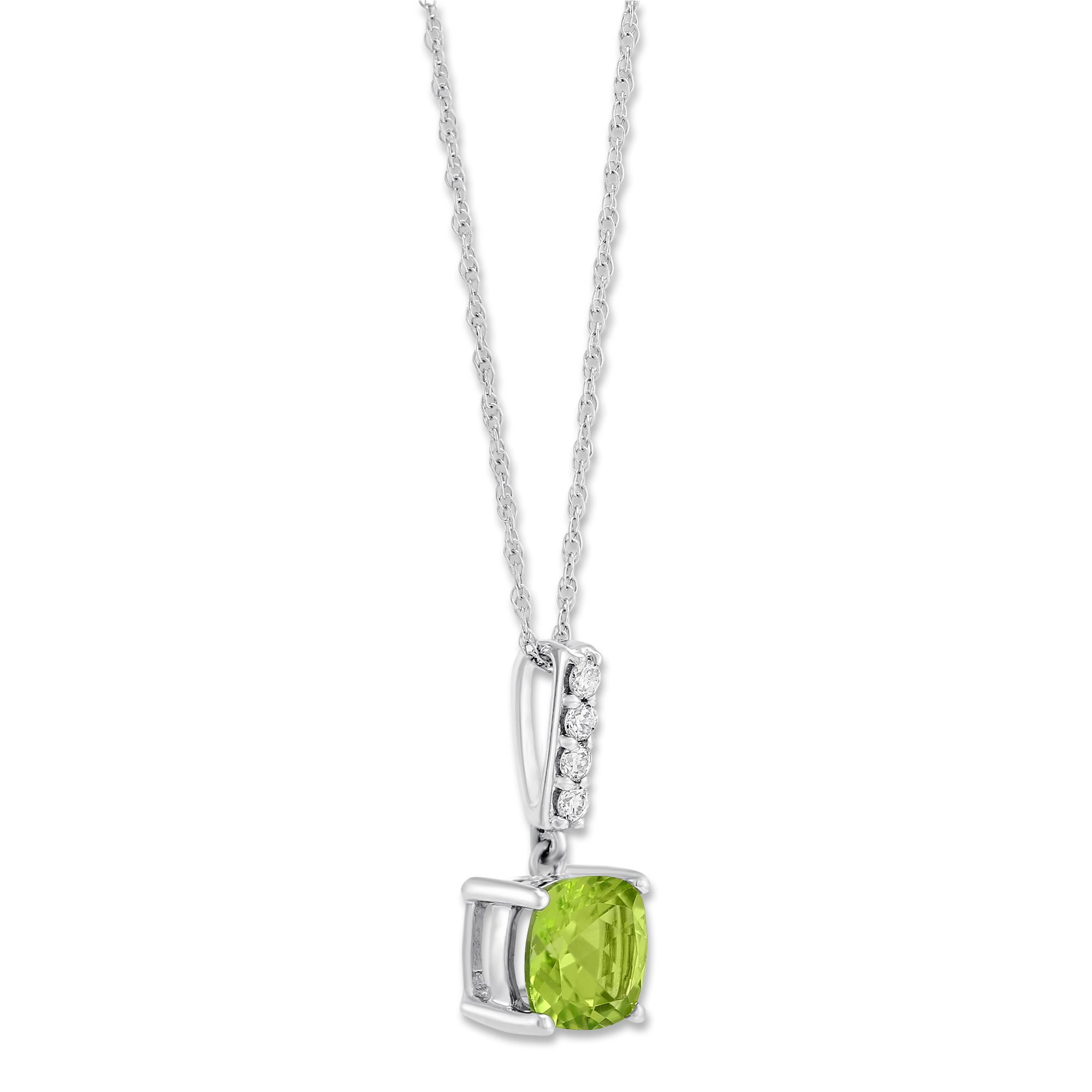 14K White Gold Cushion Peridot & Diamond Pendant, 18