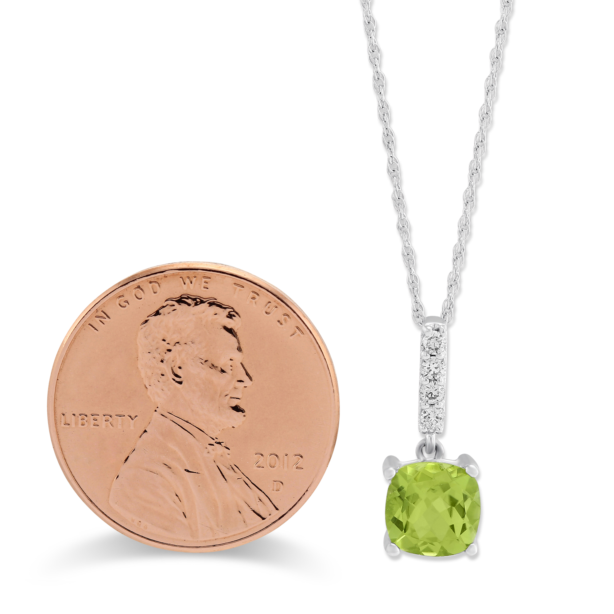 14K White Gold Cushion Peridot & Diamond Pendant, 18
