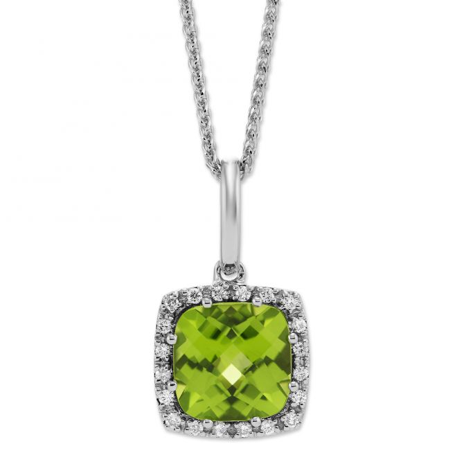 Checkerboard Cushion Peridot & Diamond Pendant in White Gold, 18"