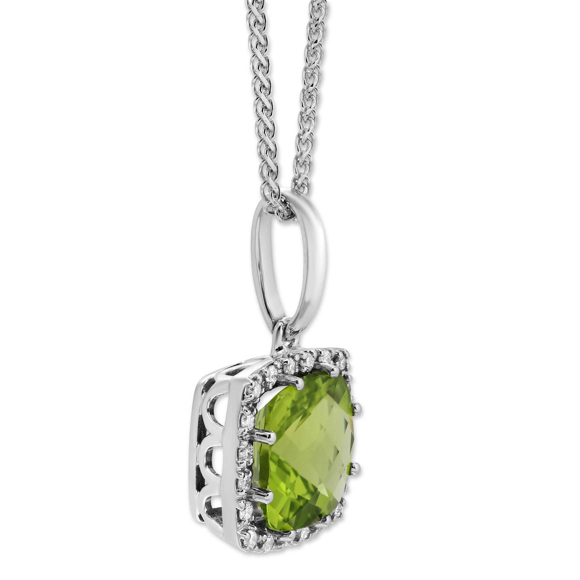 Checkerboard Cushion Peridot & Diamond Pendant in White Gold, 18
