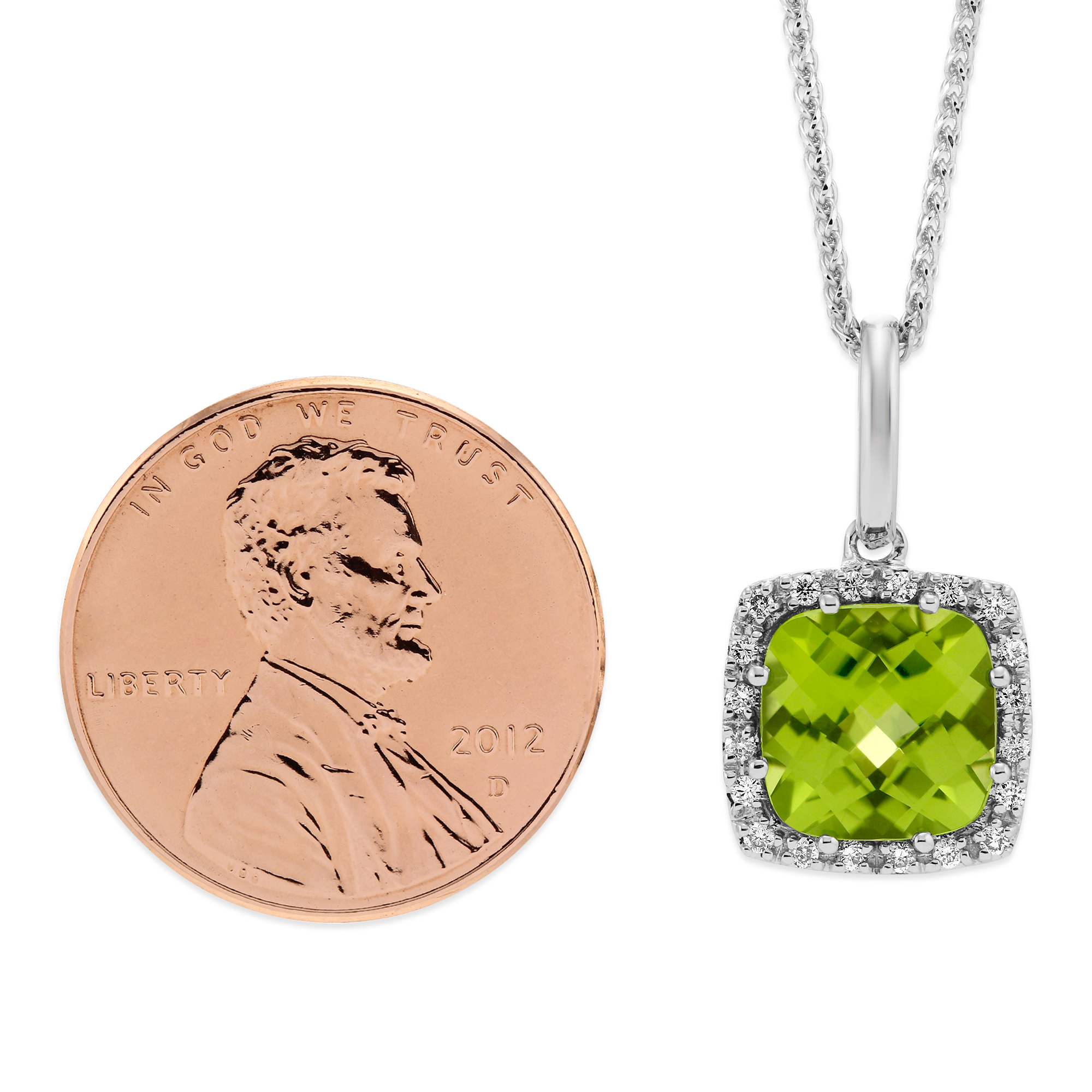 Checkerboard Cushion Peridot & Diamond Pendant in White Gold, 18