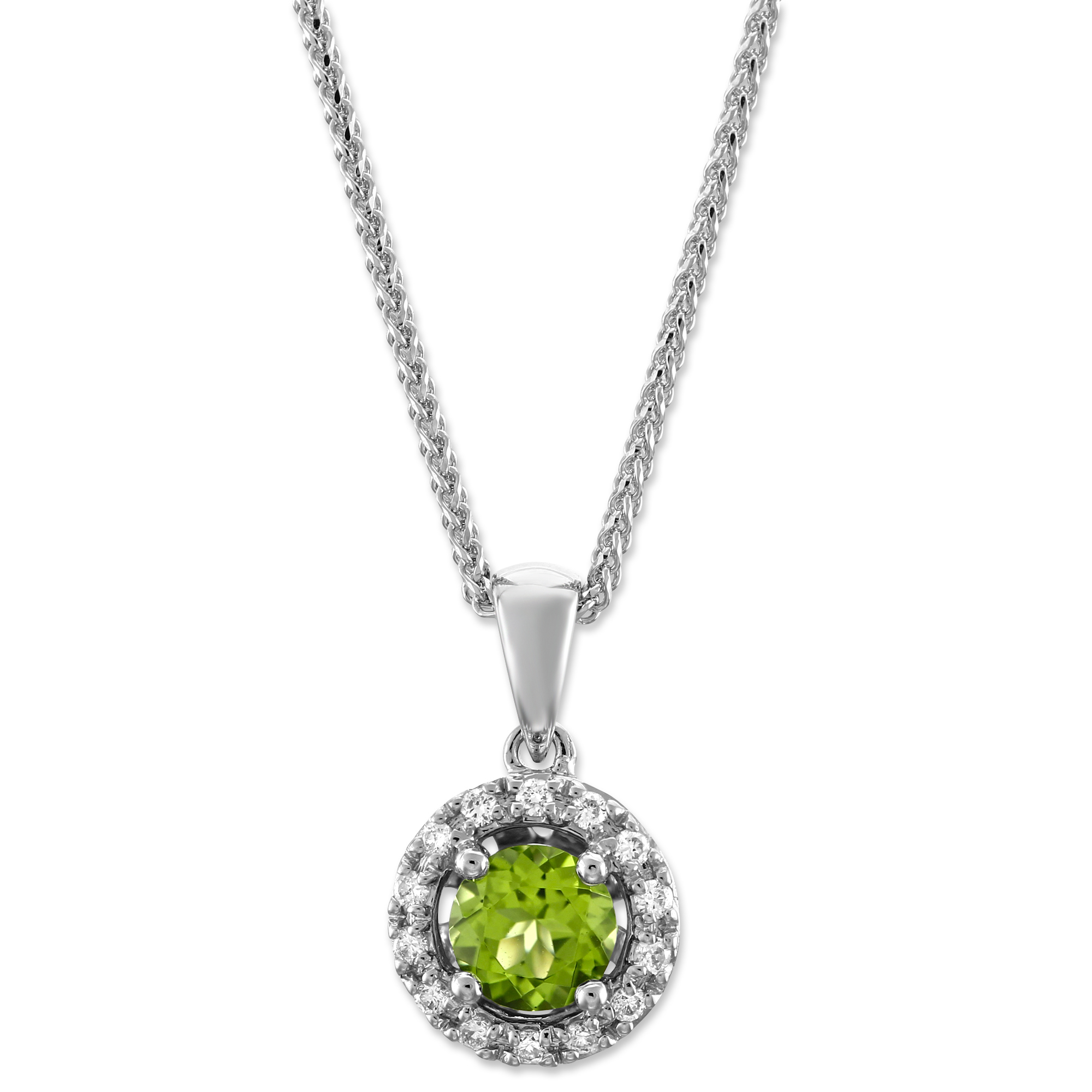 Round Peridot & Diamond Halo Pendant in White Gold, 18