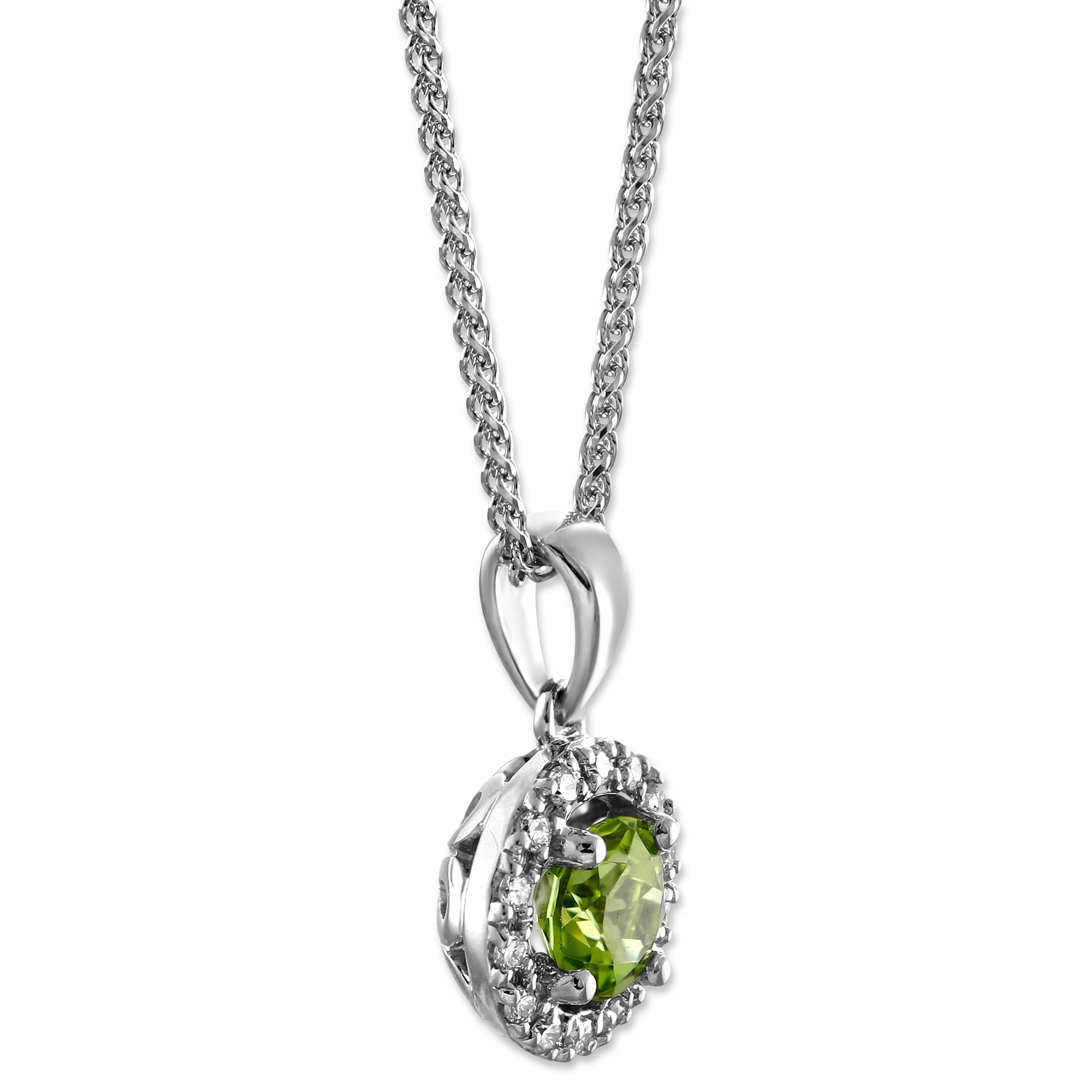 Round Peridot & Diamond Halo Pendant in White Gold, 18
