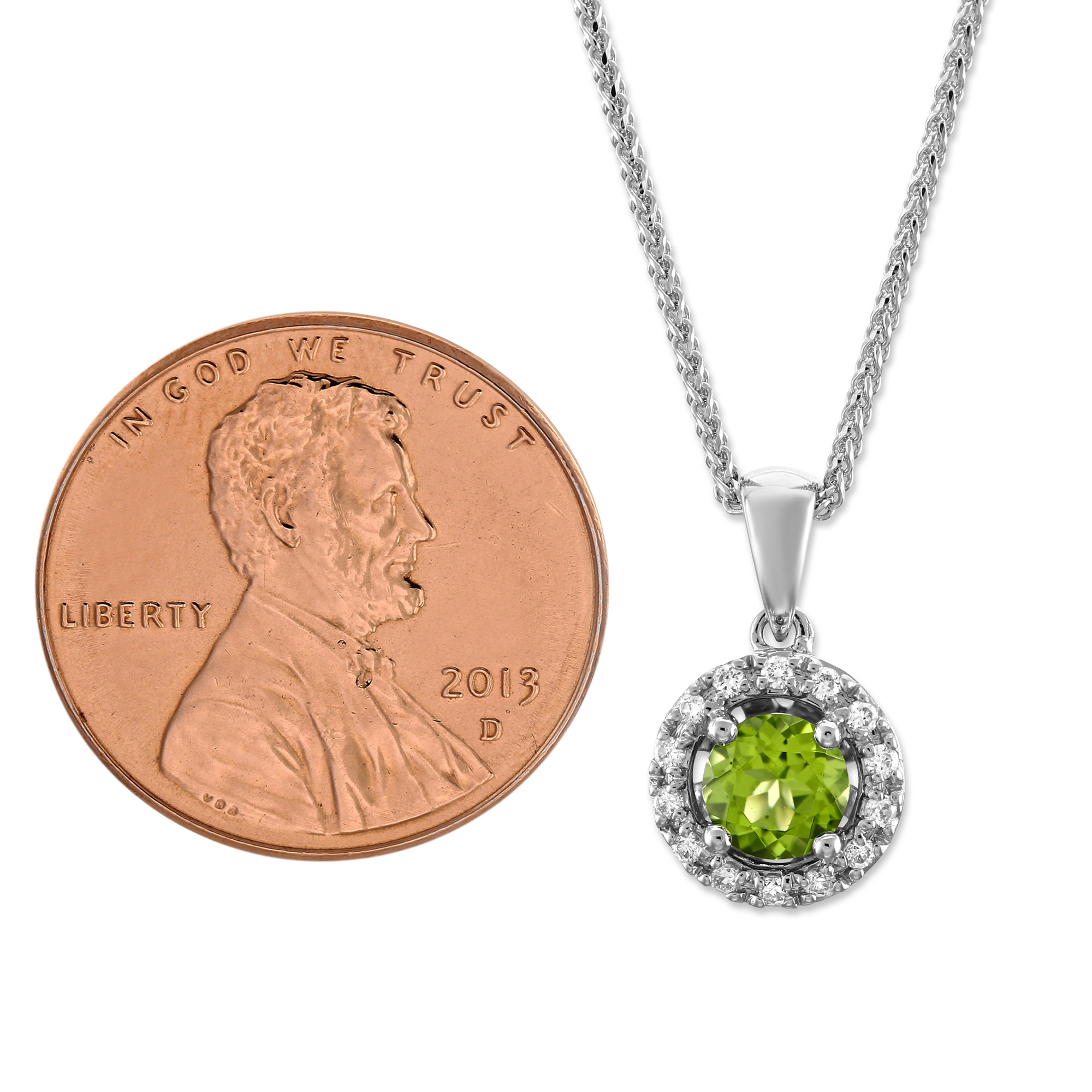 Round Peridot & Diamond Halo Pendant in White Gold, 18