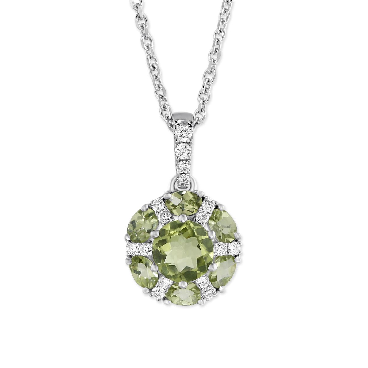 14K White Gold Checkerboard Round/Oval Peridot & Diamond Circle Pendant