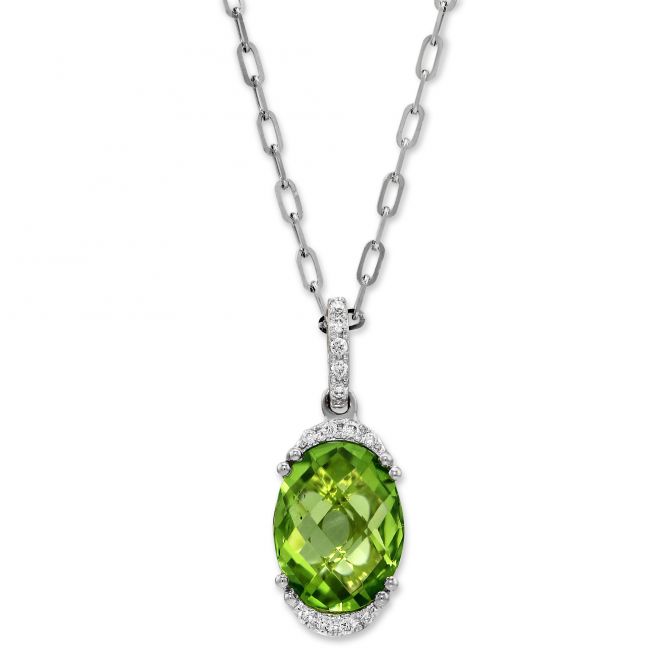 Oval Peridot & Diamond Demi Halo Pendant in White Gold, 18"