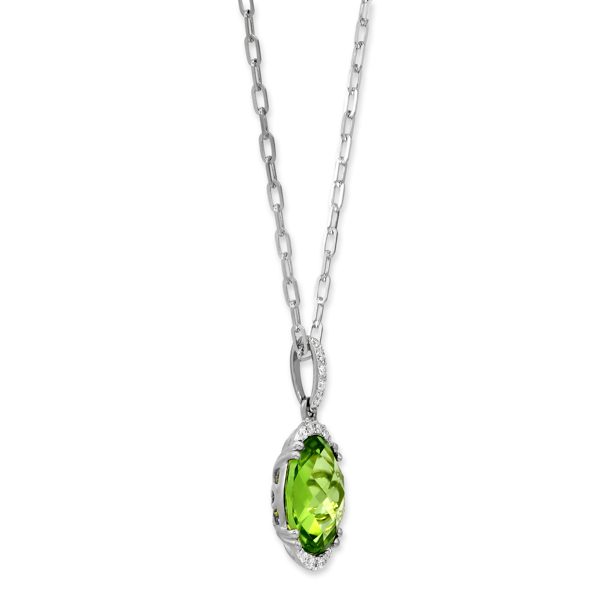 Oval Peridot & Diamond Demi Halo Pendant in White Gold, 18
