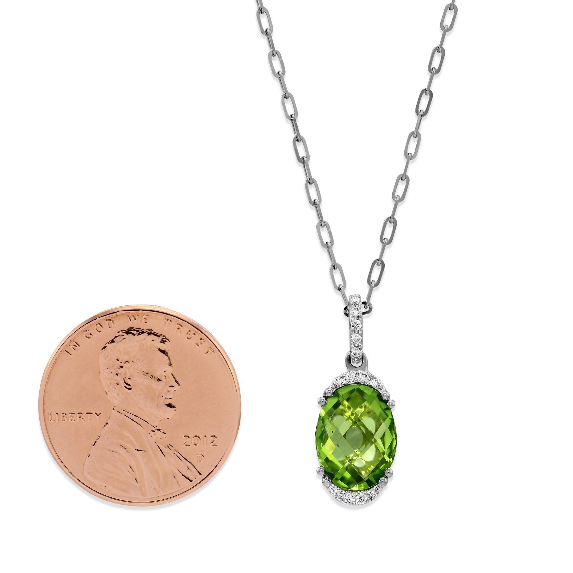 Oval Peridot & Diamond Demi Halo Pendant in White Gold, 18