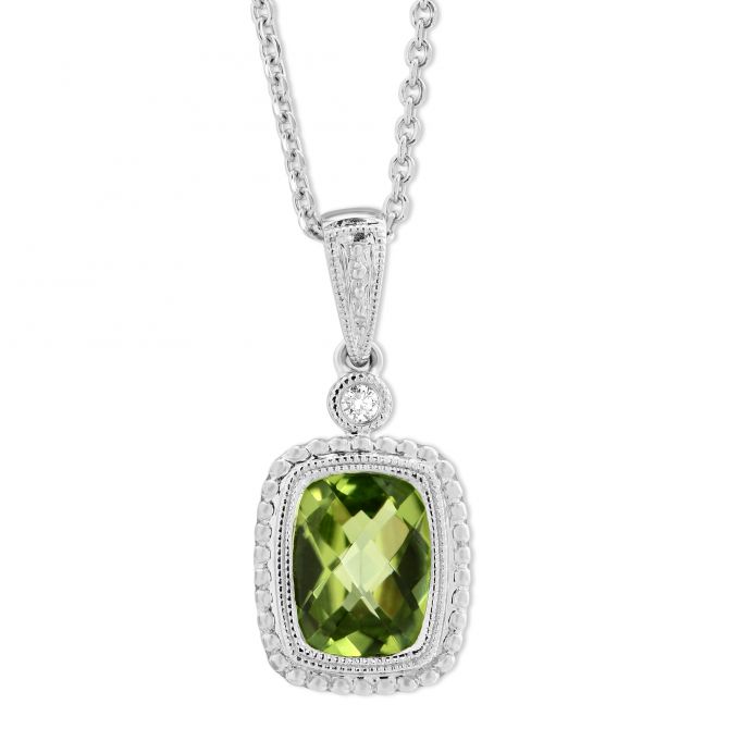 14K White Gold Checkerboard Peridot & Diamond Pendant, 18"