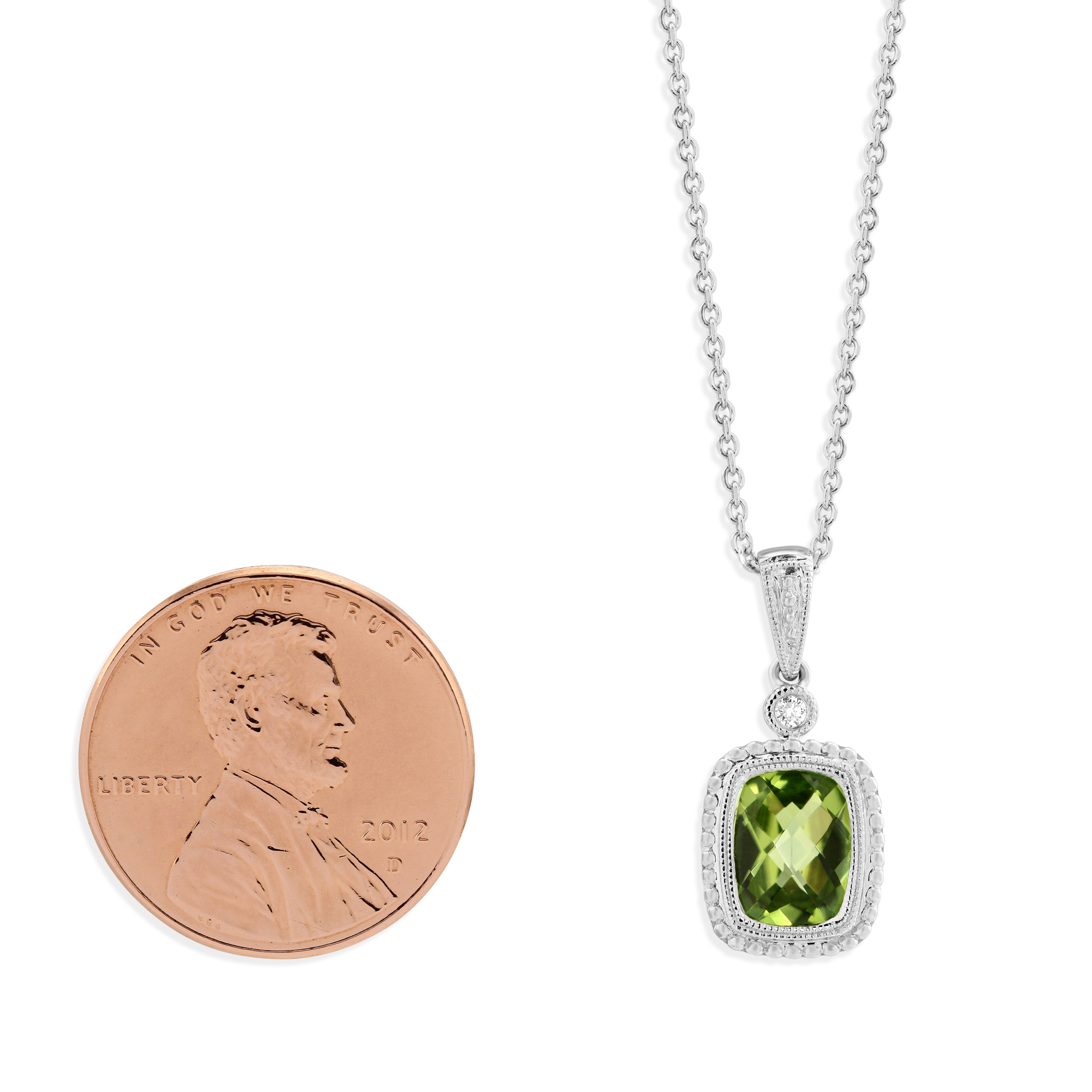 14K White Gold Checkerboard Peridot & Diamond Pendant, 18