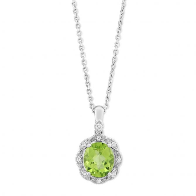 14K White Gold Oval Checkerboard Peridot & Diamond Pendant, 18"