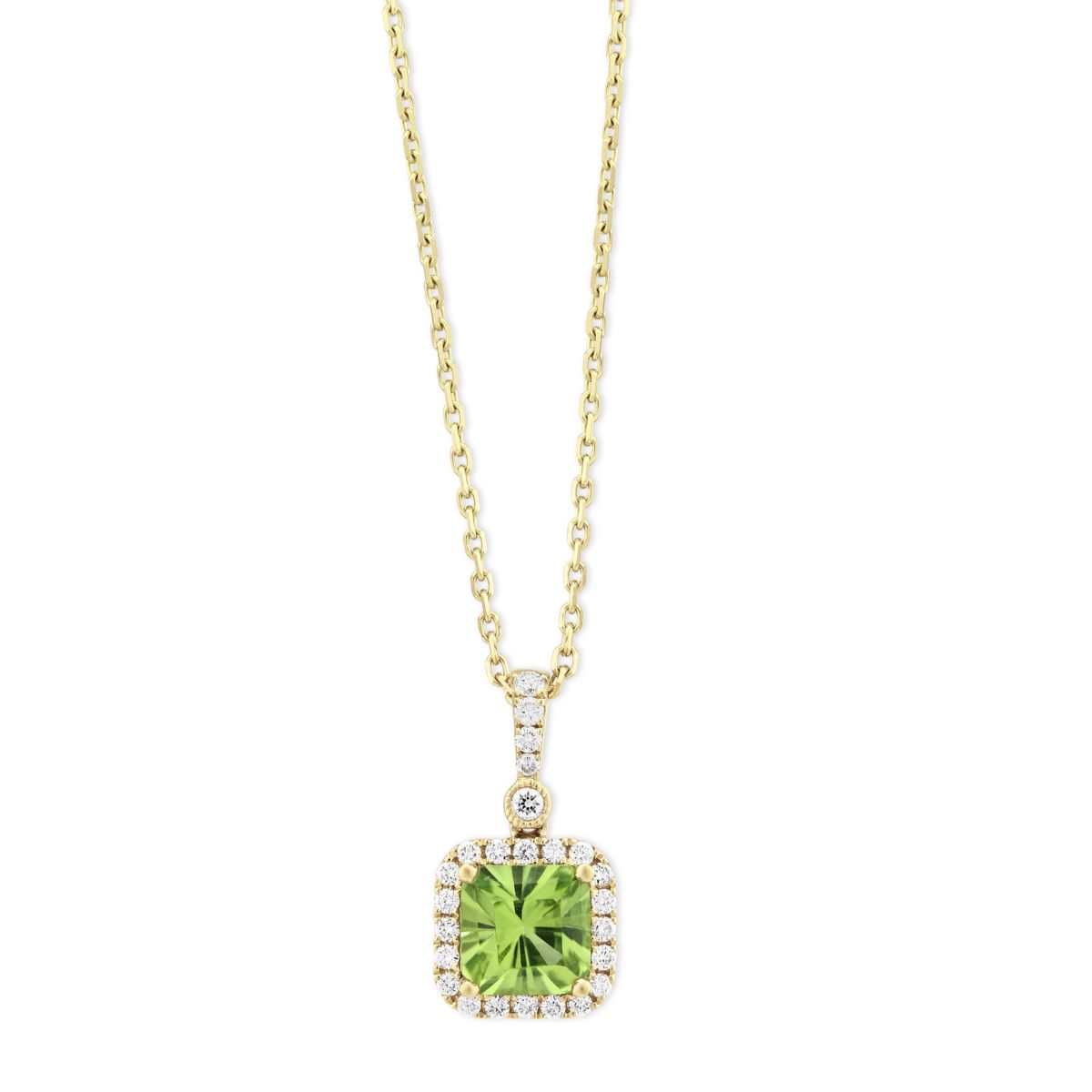 14K Yellow Gold Cushion Peridot & Diamond Halo Pendant, 18
