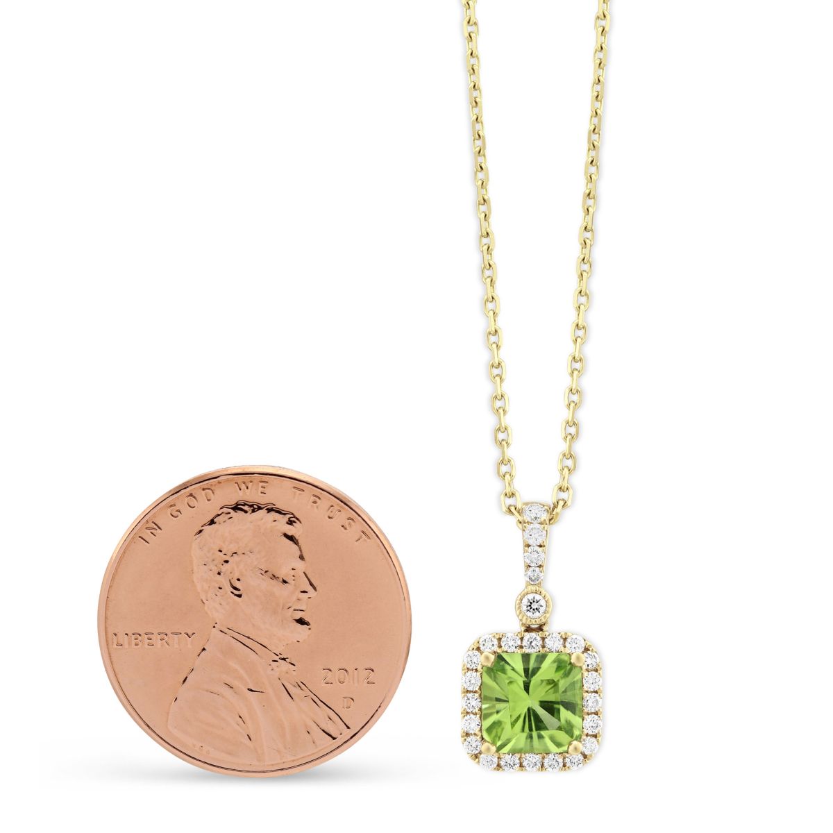 14K Yellow Gold Cushion Peridot & Diamond Halo Pendant, 18