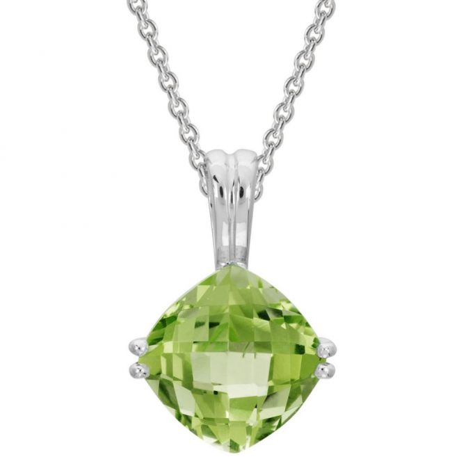 Checkerboard Cushion Peridot Pendant in White Gold, 18"