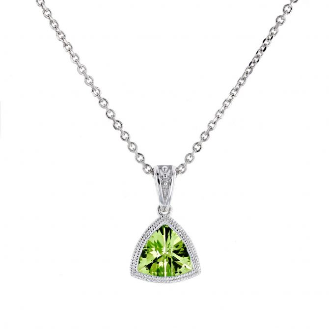 Checkerboard Trillion Peridot Milgrain Bezel Pendant in Yellow Gold, 18"