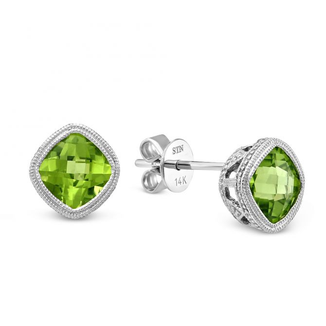 Cushion Checkerboard Peridot Bezel Set Earrings in White Gold
