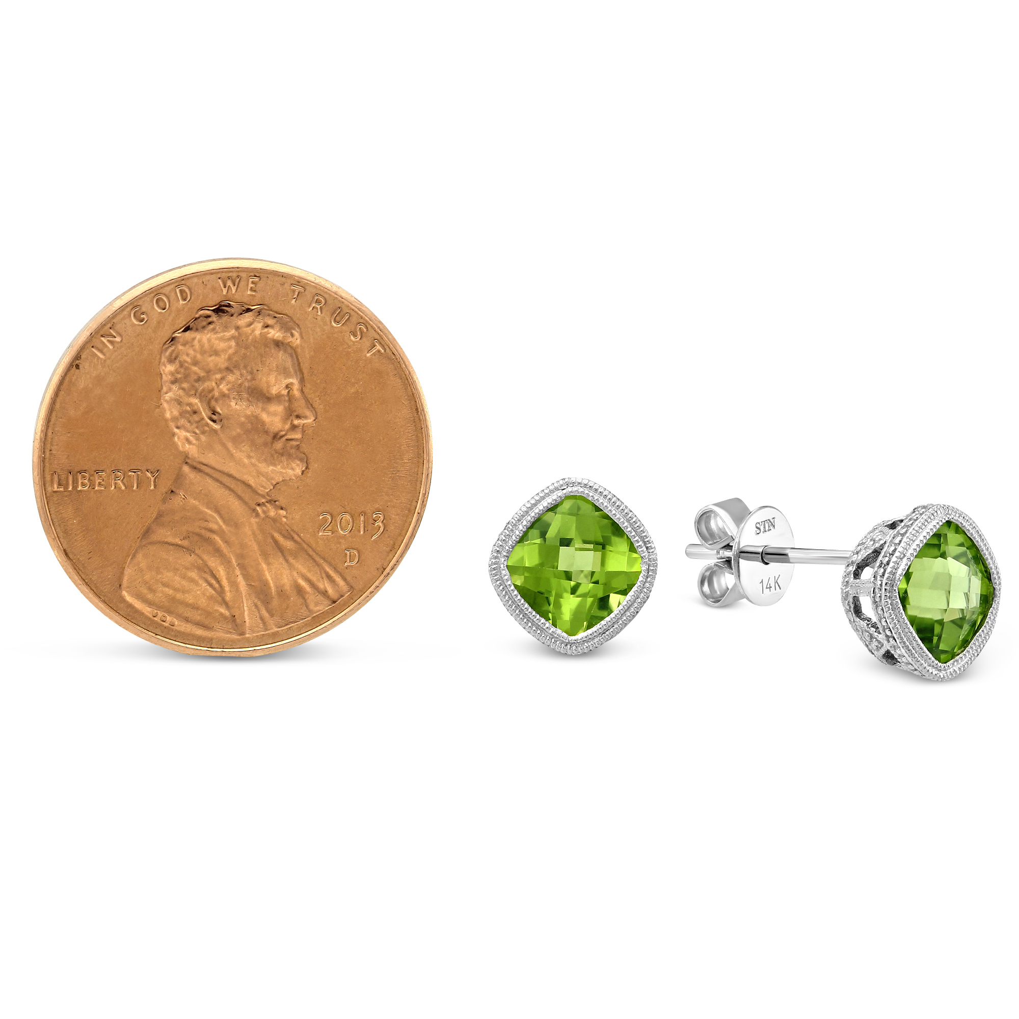 Cushion Checkerboard Peridot Bezel Set Earrings in White Gold