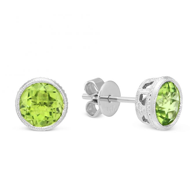 Round Checkerboard Peridot Bezel Set Stud Earrings in White Gold, 6 mm