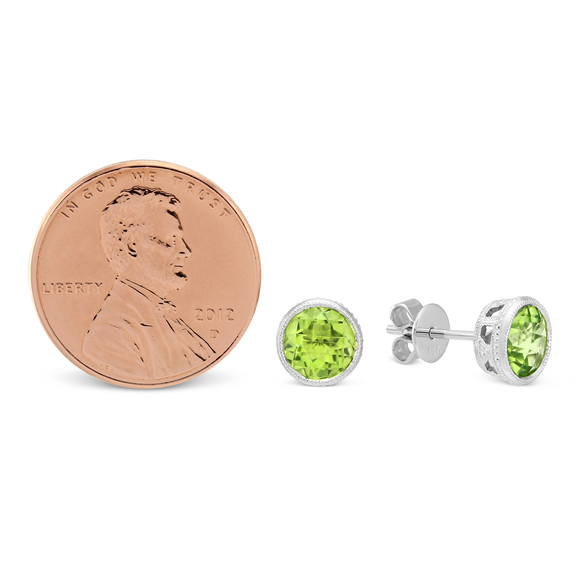 Round Checkerboard Peridot Bezel Set Stud Earrings in White Gold, 6 mm