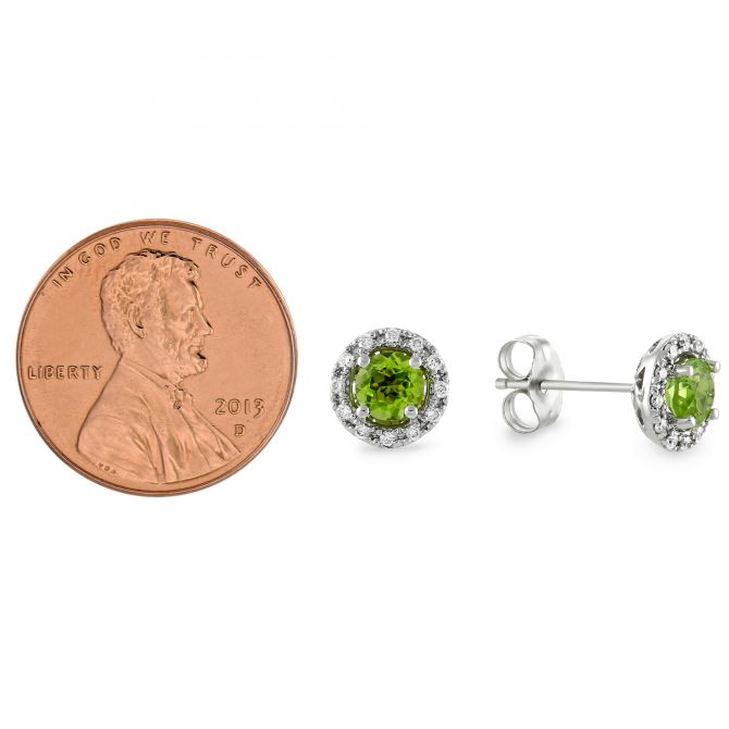 Round Peridot & Diamond Halo Stud Earrings in White Gold