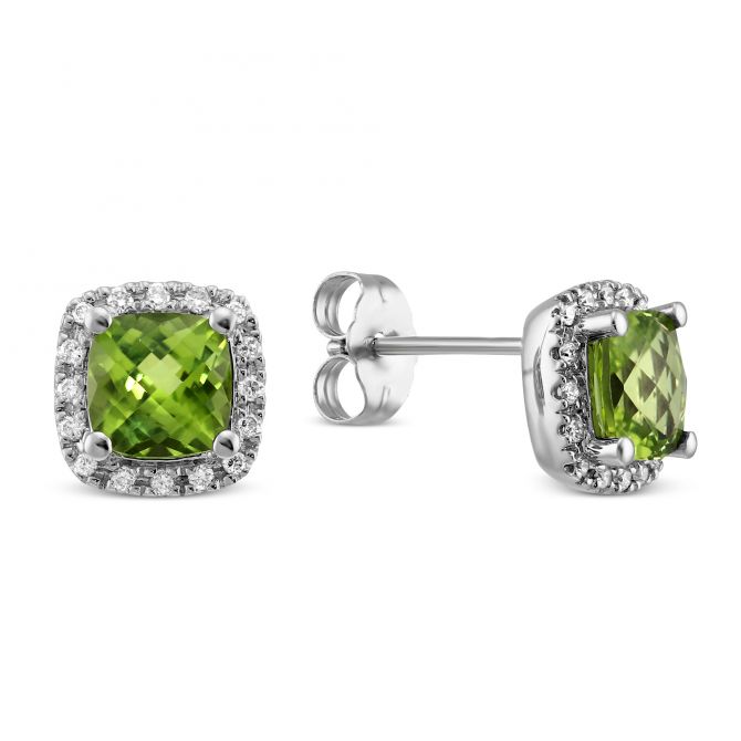 Checkerboard Cushion Peridot & Diamond Halo Earrings in White Gold