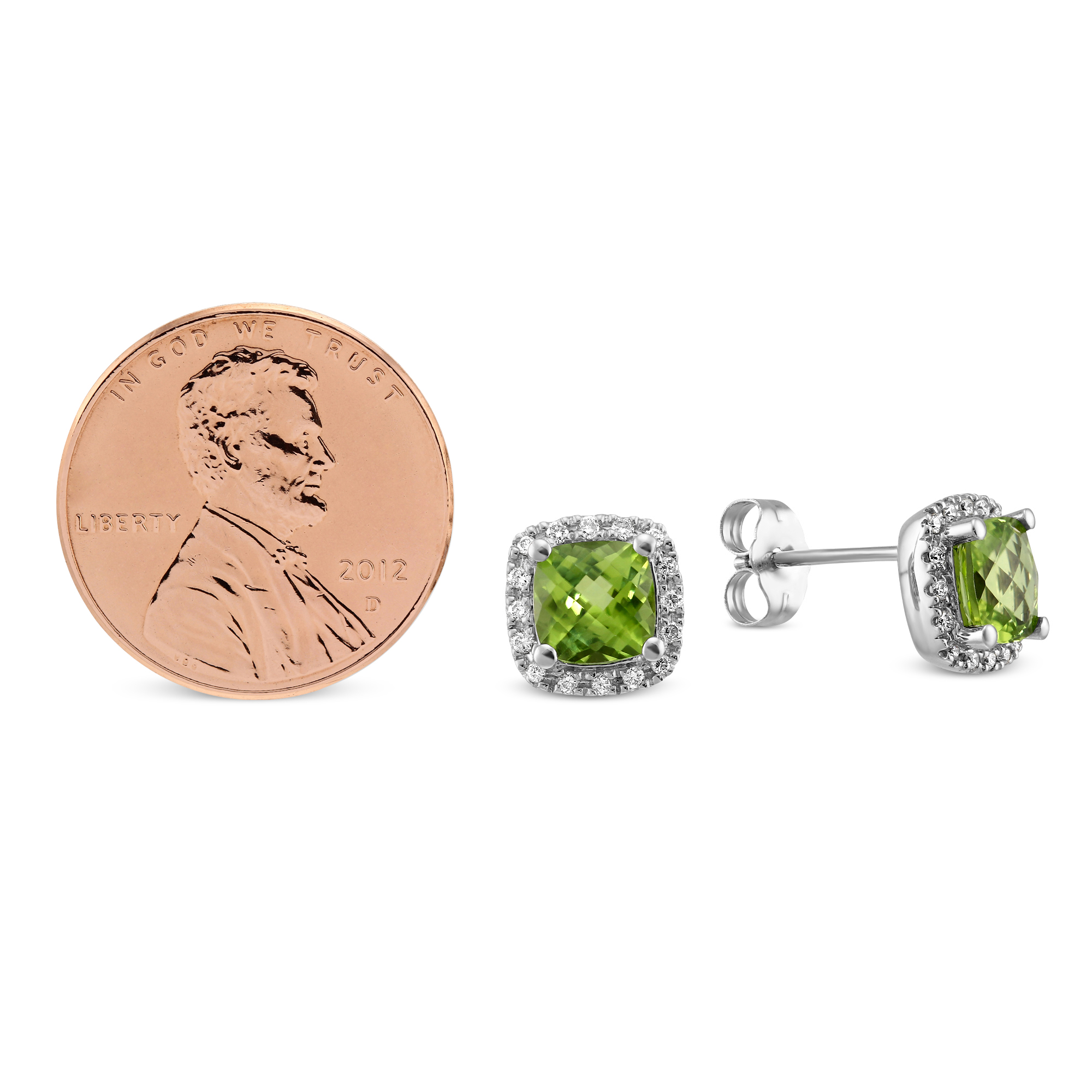 Checkerboard Cushion Peridot & Diamond Halo Earrings in White Gold