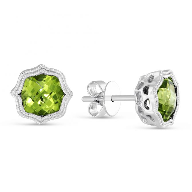 Peridot Quatrefoil Milgrain Post Earrings in White Gold