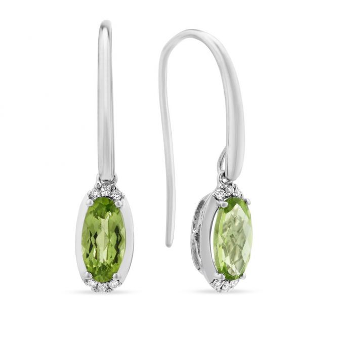 Checkerboard Oval Peridot and Diamond Drop Earrings in White Gold