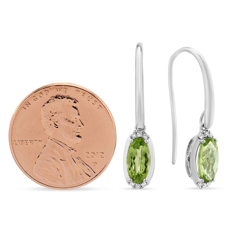 Checkerboard Oval Peridot and Diamond Drop Earrings in White Gold