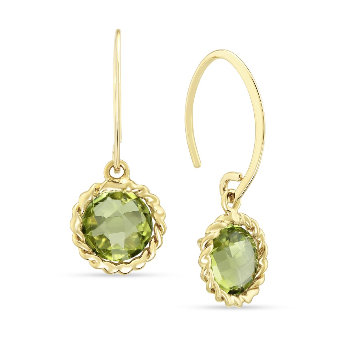 Round Checkerboard Peridot Twisted Bezel Earrings in Yellow Gold