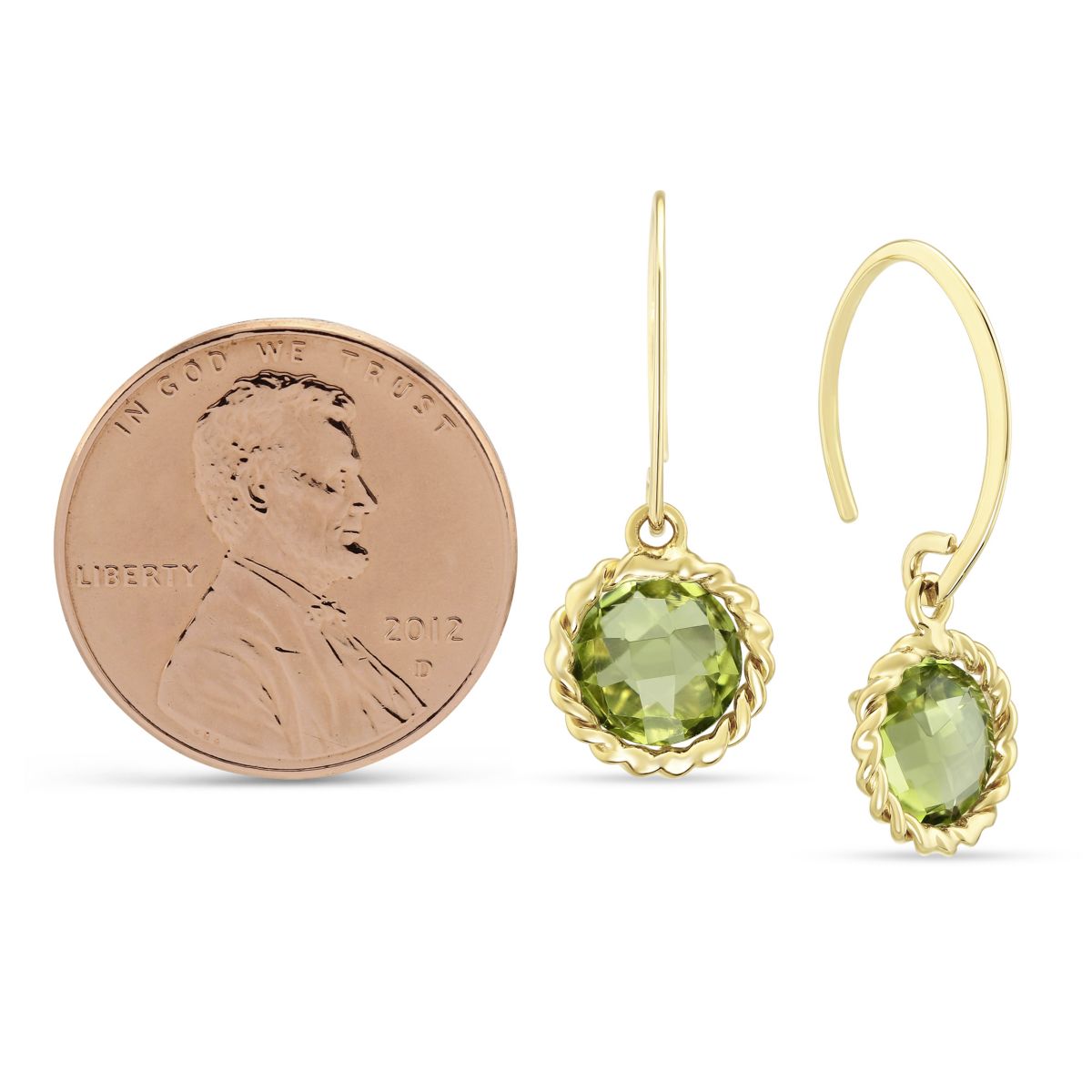 Round Checkerboard Peridot Twisted Bezel Earrings in Yellow Gold