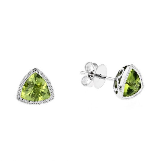 14k White Gold Checkerboard Trillion Peridot Milgrain Bezel Post 14k White Gold Checkerboard Trillion Peridot Milgrain Bezel Post Earrings