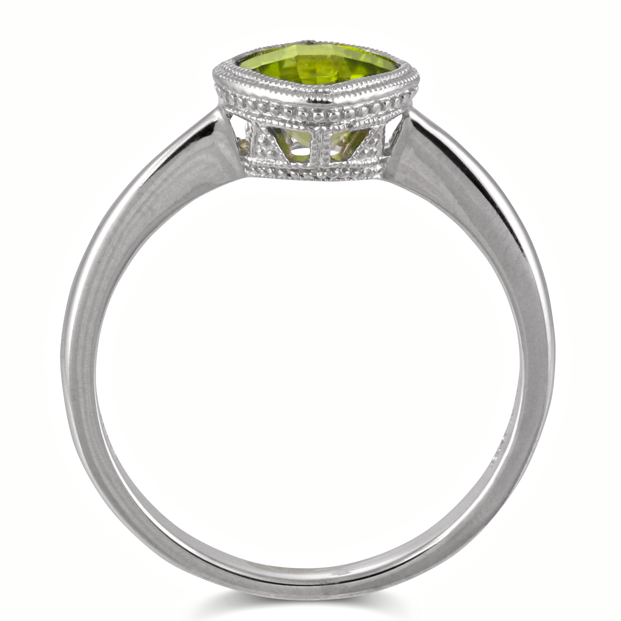 Cushion Checkerboard Peridot Bezel Set Ring in White Gold