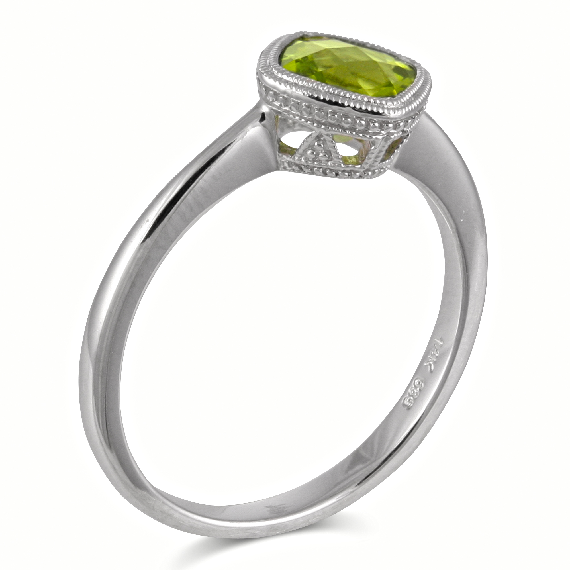 Cushion Checkerboard Peridot Bezel Set Ring in White Gold