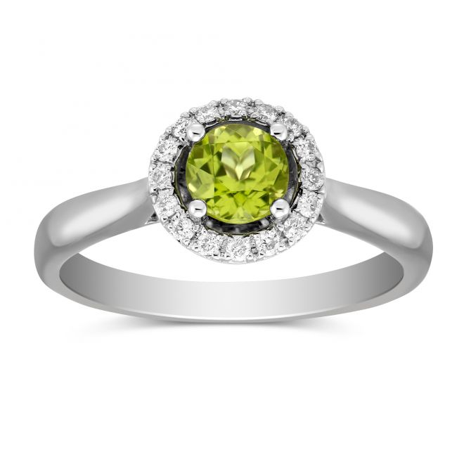 Round Peridot & Diamond Halo Ring in White Gold