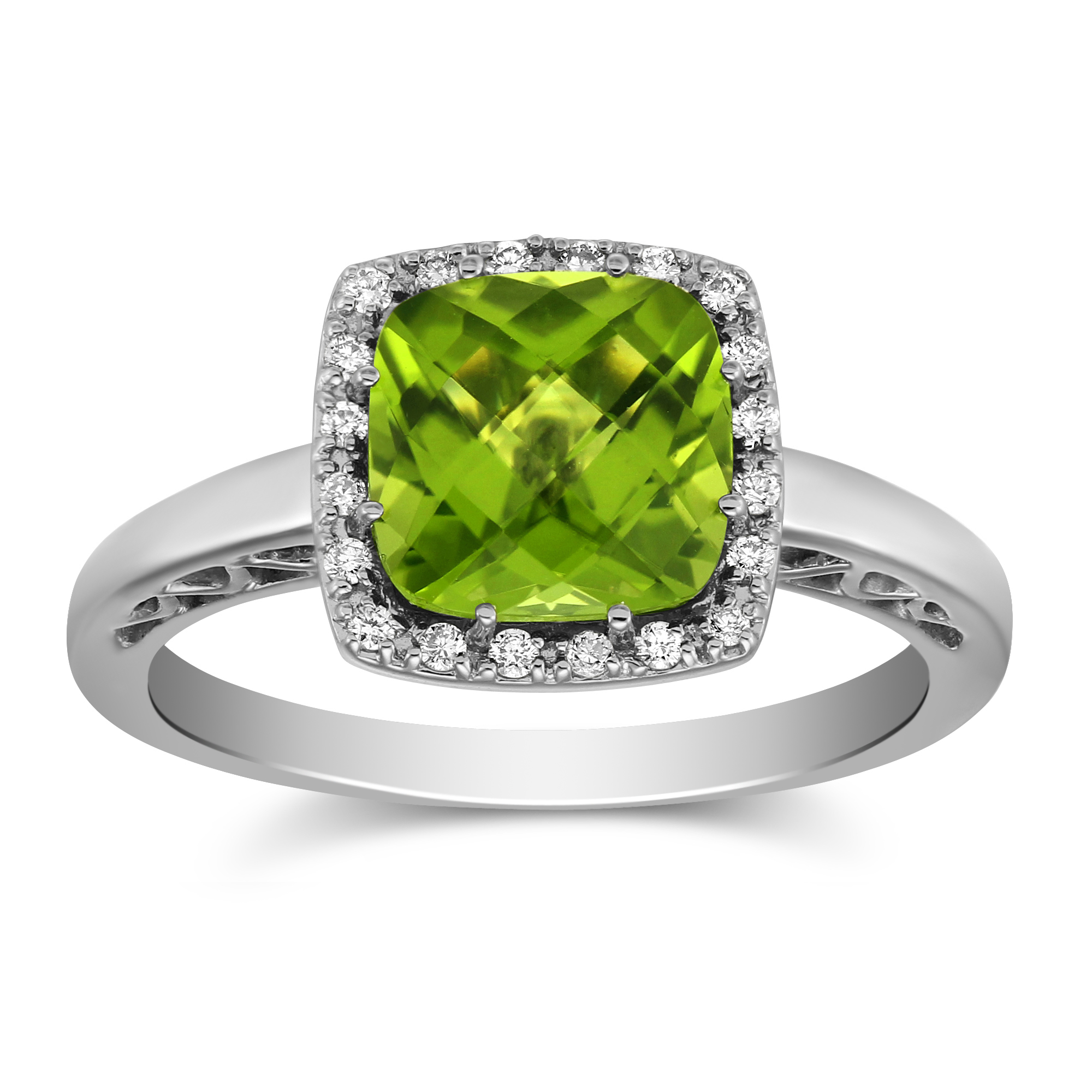 Checkerboard Cushion Peridot & Diamond Halo Ring in White Gold