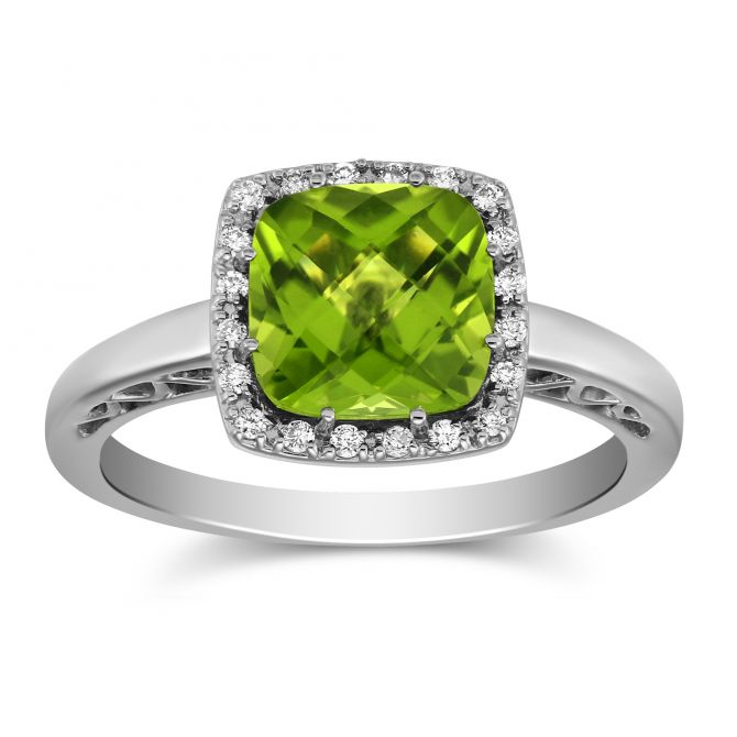 Checkerboard Cushion Peridot & Diamond Halo Ring in White Gold