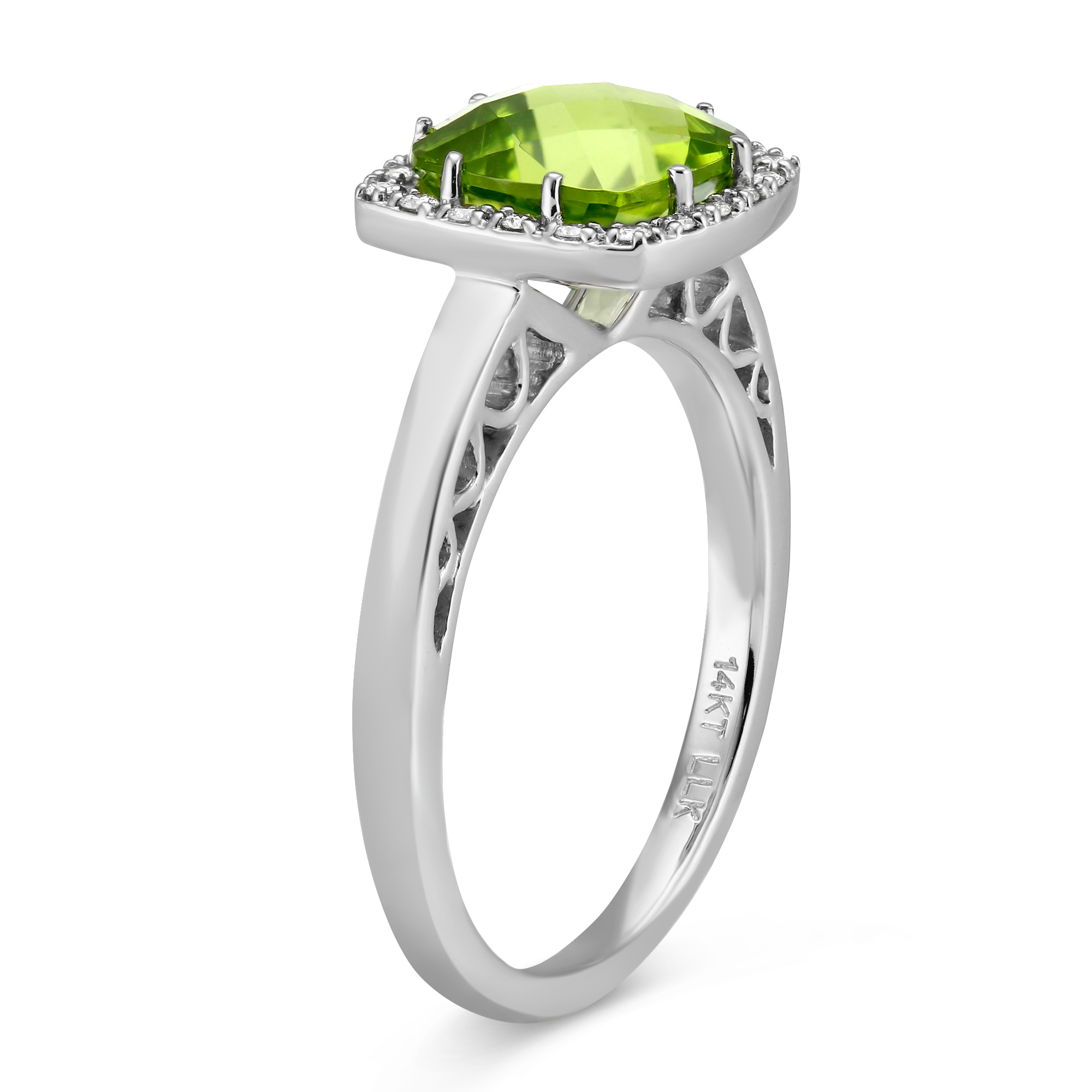 Checkerboard Cushion Peridot & Diamond Halo Ring in White Gold