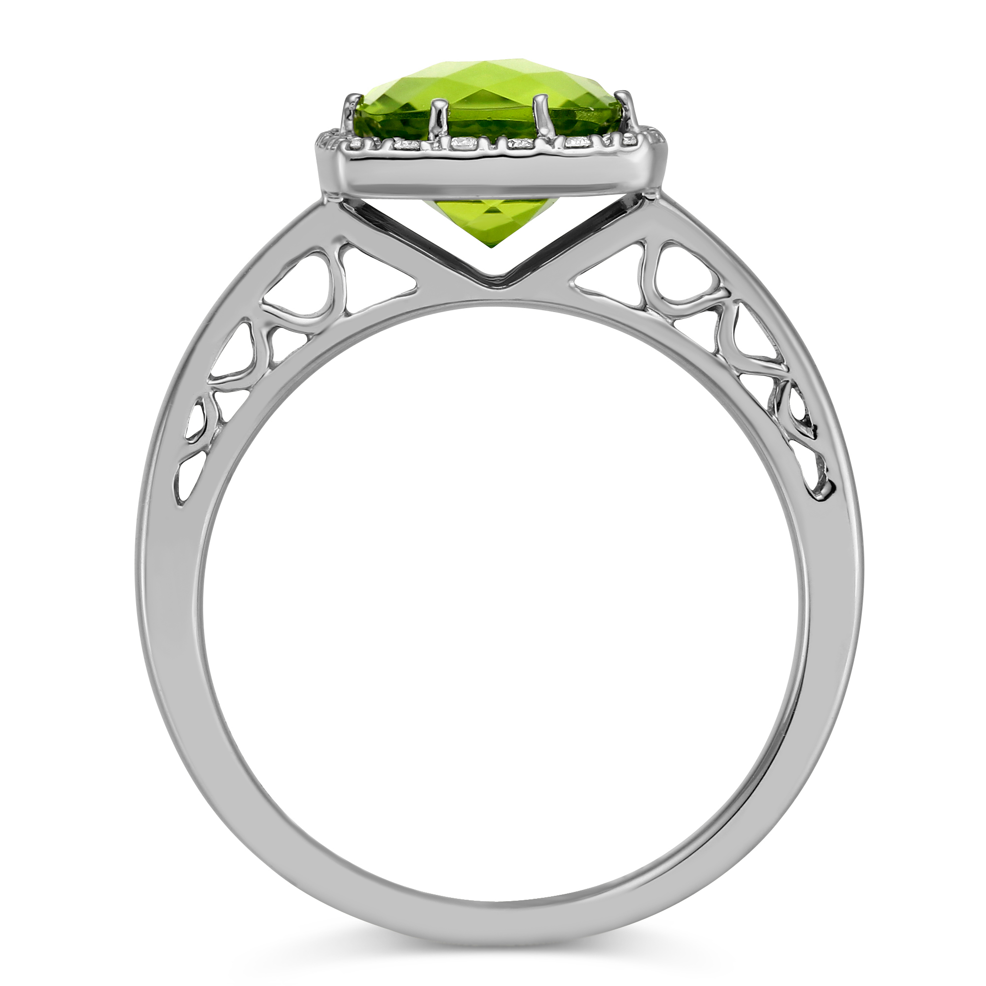 Checkerboard Cushion Peridot & Diamond Halo Ring in White Gold