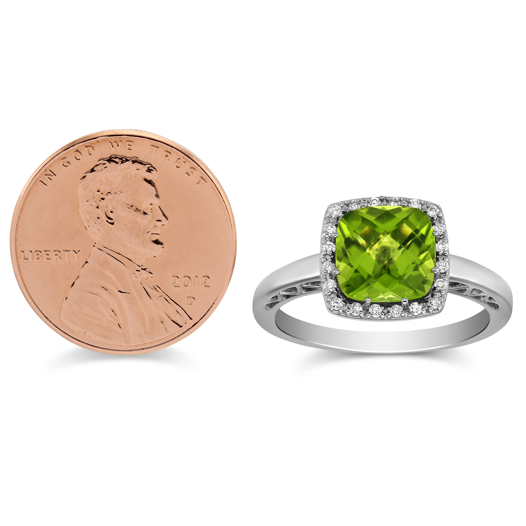 Checkerboard Cushion Peridot & Diamond Halo Ring in White Gold