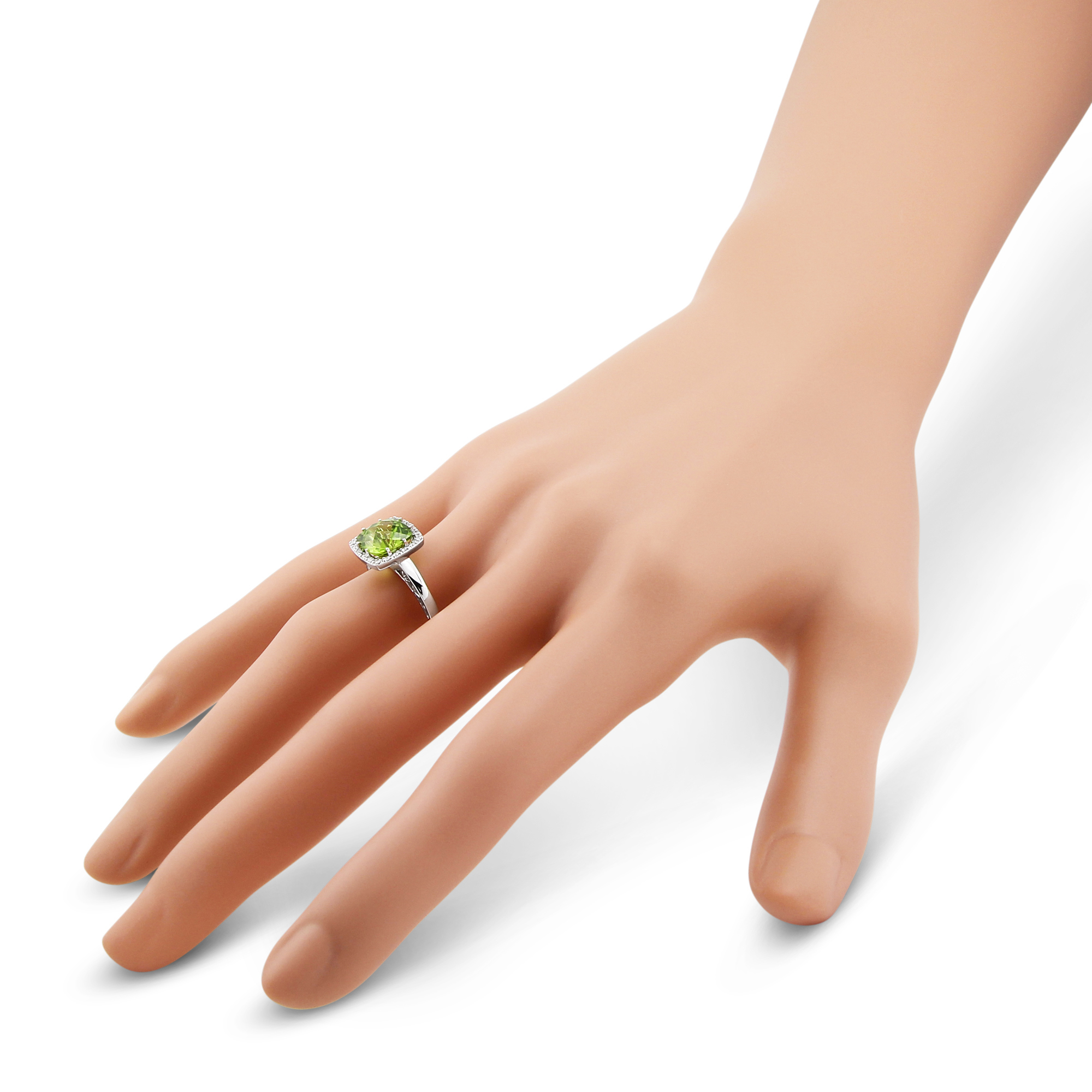 Checkerboard Cushion Peridot & Diamond Halo Ring in White Gold
