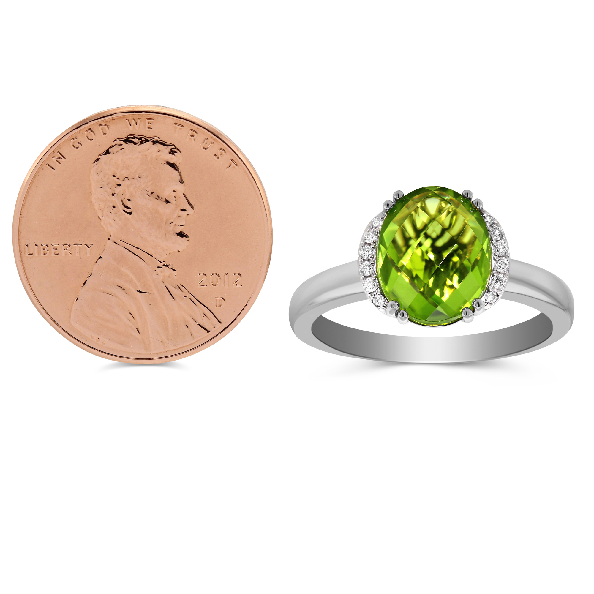 Oval Peridot & Diamond Demi Halo Ring in White Gold