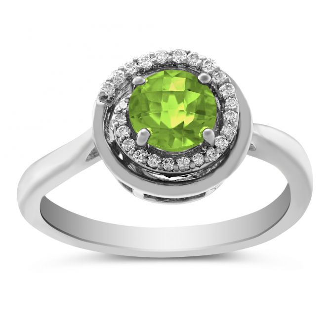 Round Checkerboard Peridot & Diamond Swirl Halo Ring in White Gold